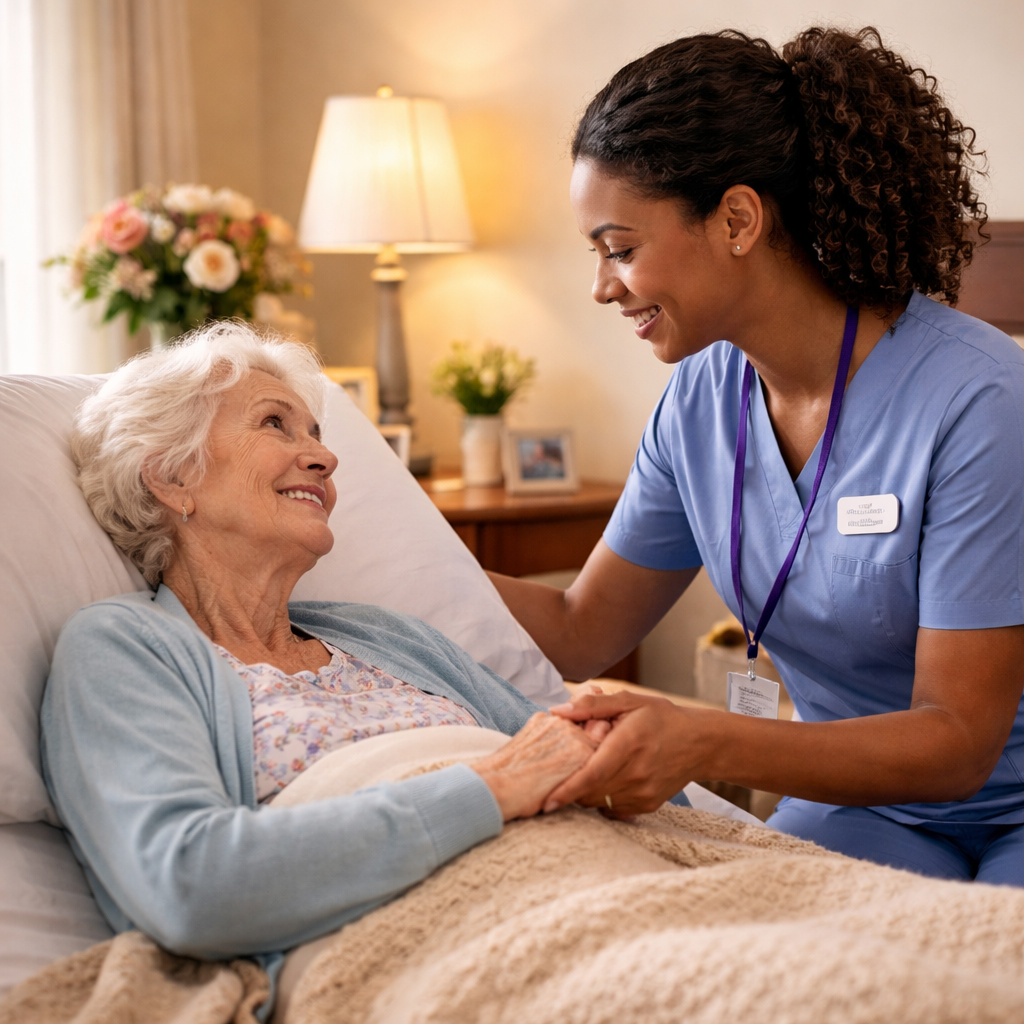 Hospice caregiver supporting a resident